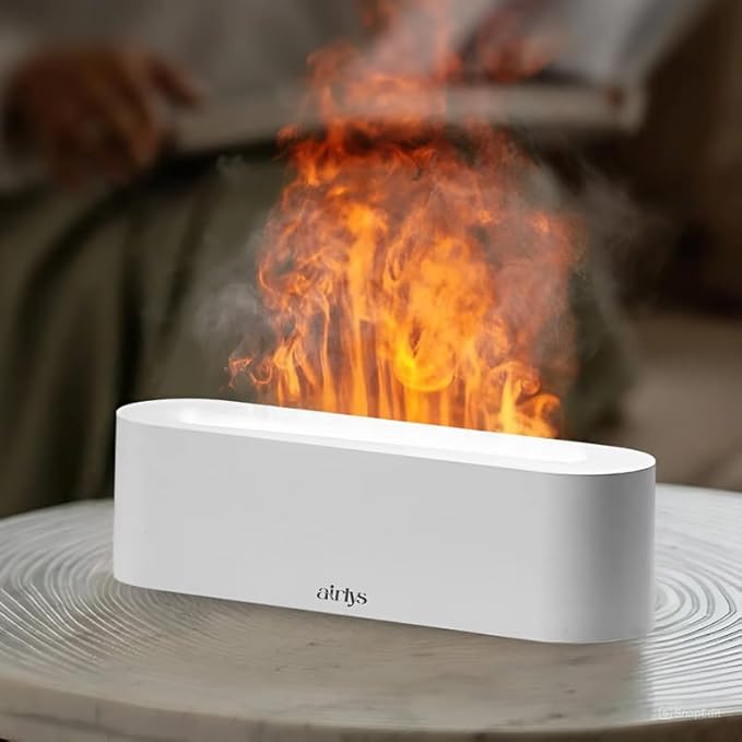 Airlys Flame Diffuser: 150ml Aromatherapy with 7-Color LED Light, Customizable Timer, and Mesmerizing Flame Effect for Relaxation and Ambiance.
