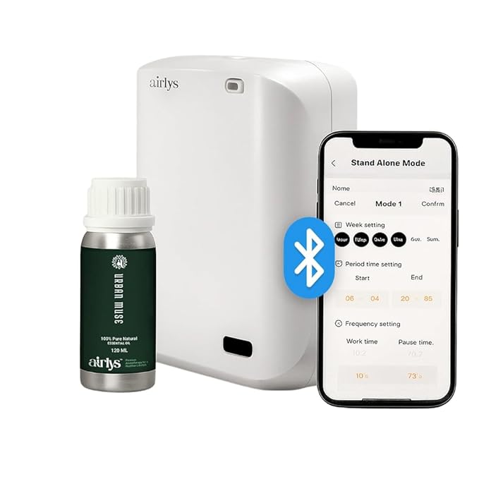 Airlys Bluetooth Smart Aroma Diffuser | with Free 120 ML Essential Oil. Cold Air Nano-Mist Technology | Covers up to 1,000 SQ FT | 150ml Capacity | Elegant Ceramic Design |