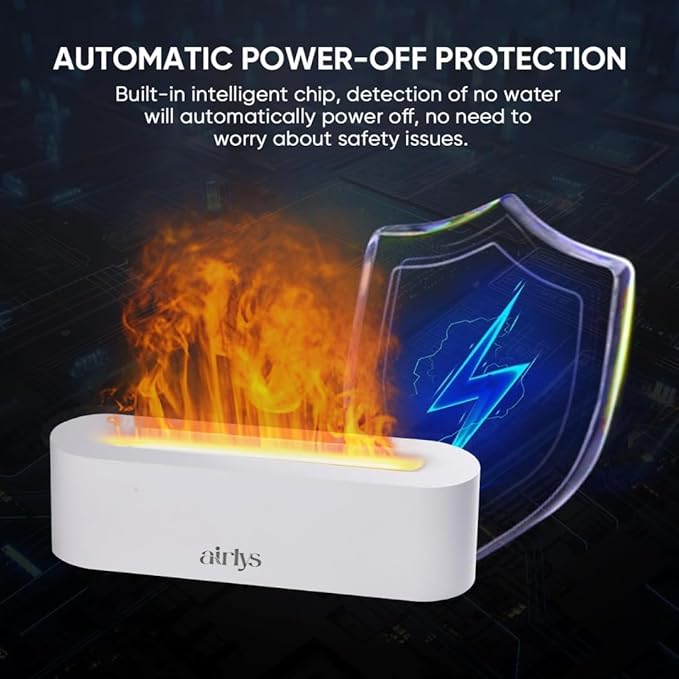 Airlys Flame Diffuser: 150ml Aromatherapy with 7-Color LED Light, Customizable Timer, and Mesmerizing Flame Effect for Relaxation and Ambiance.