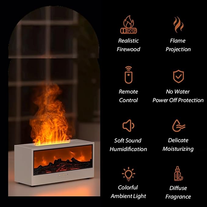 Airlys Fireplace Diffuser, Colorful Flame Aroma Humidifier with LED Bonfire Effect & Remote Control, Ultrasonic Cool Mist Maker for Home, Bedroom, Office, Spa, Yoga (White)