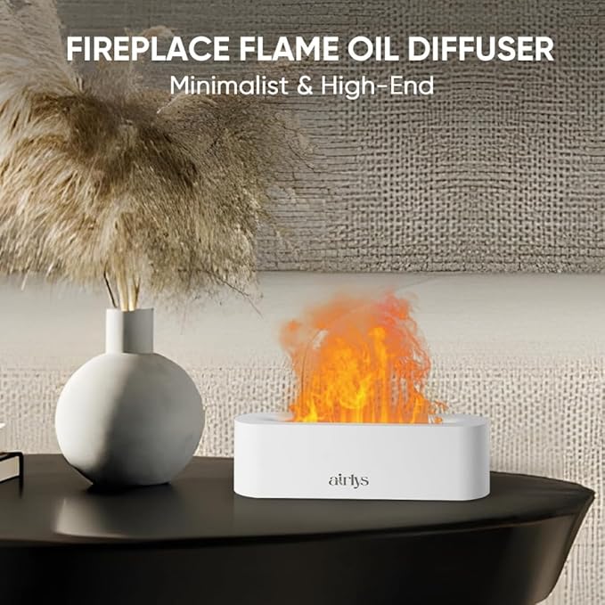 Airlys Flame Diffuser: 150ml Aromatherapy with 7-Color LED Light, Customizable Timer, and Mesmerizing Flame Effect for Relaxation and Ambiance.