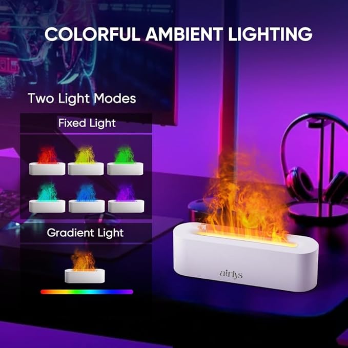 Airlys Flame Diffuser: 150ml Aromatherapy with 7-Color LED Light, Customizable Timer, and Mesmerizing Flame Effect for Relaxation and Ambiance.