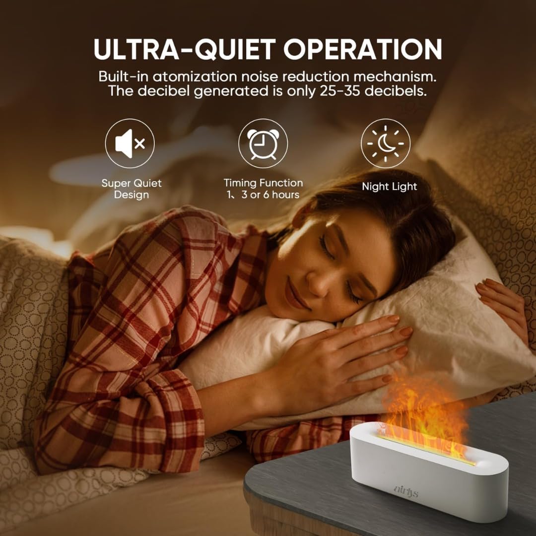 Airlys Flame Diffuser: 150ml Aromatherapy with 7-Color LED Light, Customizable Timer, and Mesmerizing Flame Effect for Relaxation and Ambiance.