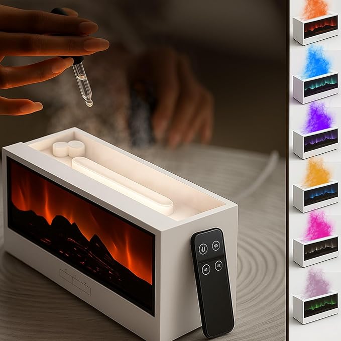 Airlys Fireplace Diffuser, Colorful Flame Aroma Humidifier with LED Bonfire Effect & Remote Control, Ultrasonic Cool Mist Maker for Home, Bedroom, Office, Spa, Yoga (White)