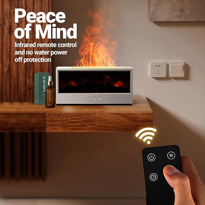 Airlys Fireplace Diffuser, Colorful Flame Aroma Humidifier with LED Bonfire Effect & Remote Control, Ultrasonic Cool Mist Maker for Home, Bedroom, Office, Spa, Yoga (White)