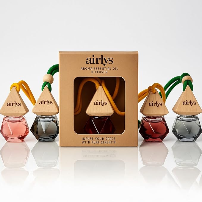 Airlys Car Hanging Diffuser – Natural Wooden Cap & Refillable Glass Bottle | Long-Lasting Aroma Essential Oil Car Freshener