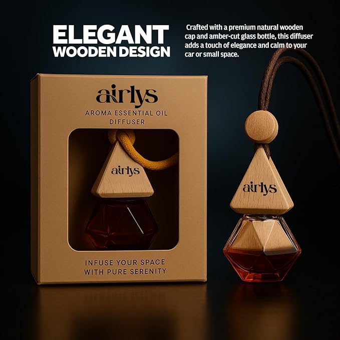 Airlys Car Hanging Diffuser – Natural Wooden Cap & Refillable Glass Bottle | Long-Lasting Aroma Essential Oil Car Freshener