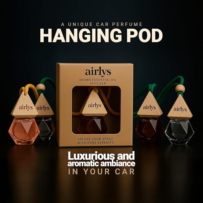 Airlys Car Hanging Diffuser – Natural Wooden Cap & Refillable Glass Bottle | Long-Lasting Aroma Essential Oil Car Freshener