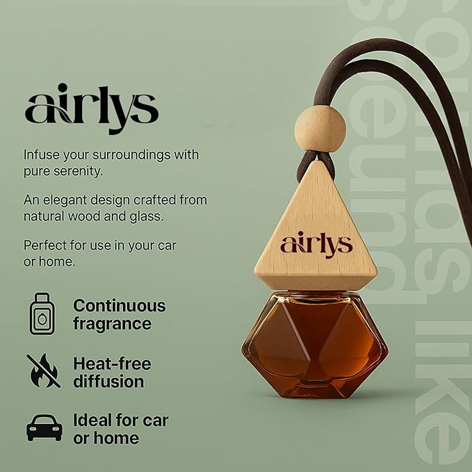 Airlys Car Hanging Diffuser – Natural Wooden Cap & Refillable Glass Bottle | Long-Lasting Aroma Essential Oil Car Freshener
