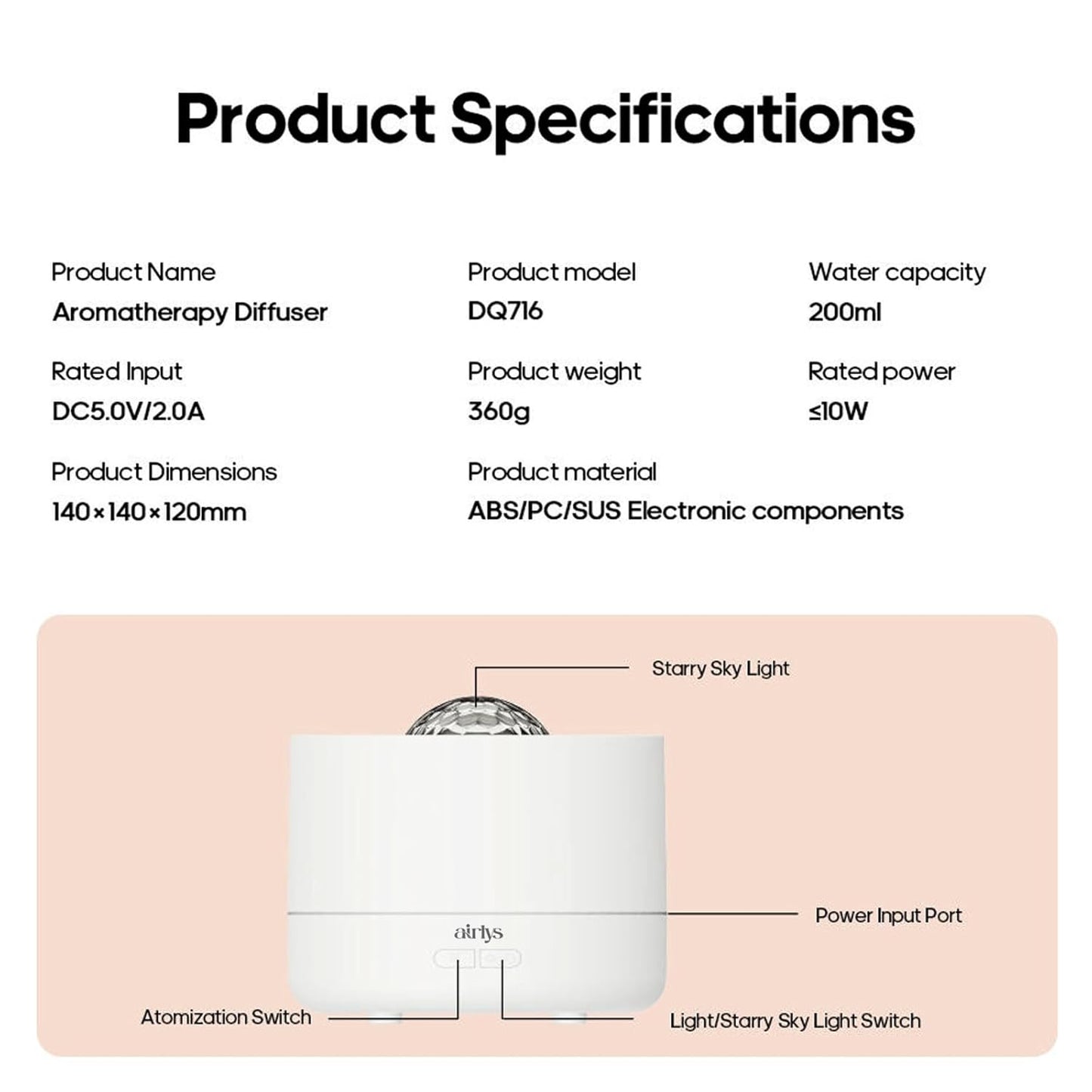 StarFlame 200ml Essential Oil Diffuser with 15ML Essential Oil–Ultrasonic Flame Humidifier with 360°Rotating Starlight Projector,7-Color LED Lights,Auto Shut-Off (White)