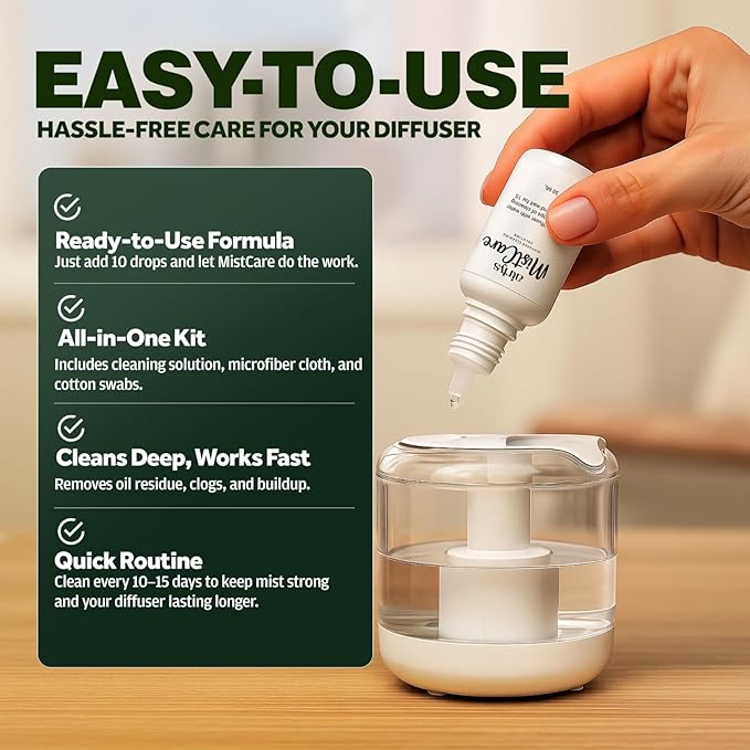 Airlys MistCare Diffuser Cleaning Kit,Essential Oil Diffuser Cleaner with Premium Microfiber Cloth & Swabs,Restores Mist Flow, Extends Diffuser Life,for All Ultrasonic & Waterless Diffuser