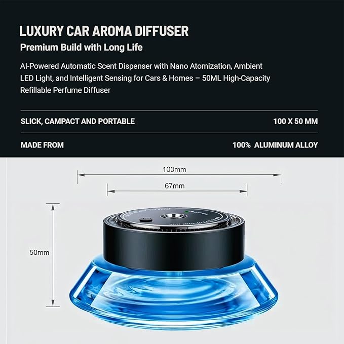 Smart Car Aroma Diffuser – AI Ultrasonic Waterless Essential Oil Diffuser with Nano Atomization, LED Ambience, and Odor Removal
