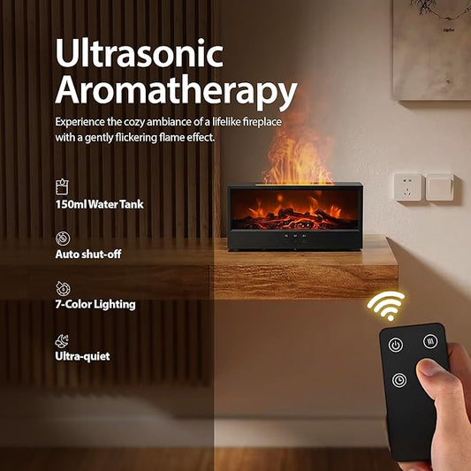 Aroma Fireplace Diffuser with 15ml Premium Essential Oil. 150ml Tank with Flame Effect, Aromatherapy Humidifier, Remote Control, 7 Color LED Lights, Auto Shut-Off Timer, USB-C Powered Diffuser
