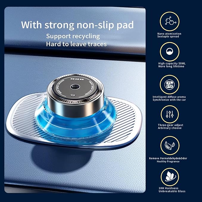 Smart Car Aroma Diffuser – AI Ultrasonic Waterless Essential Oil Diffuser with Nano Atomization, LED Ambience, and Odor Removal