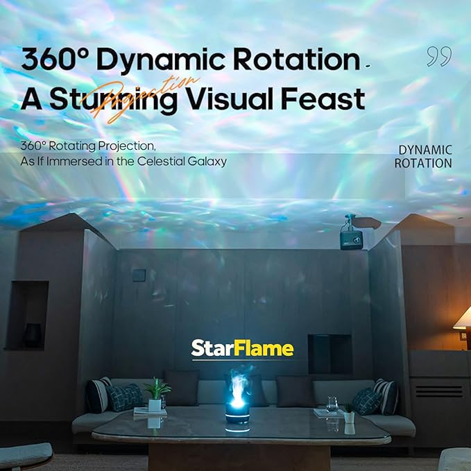 StarFlame 200ml Essential Oil Diffuser with 15ML Essential Oil–Ultrasonic Flame Humidifier with 360°Rotating Starlight Projector,7-Color LED Lights,Auto Shut-Off (White)
